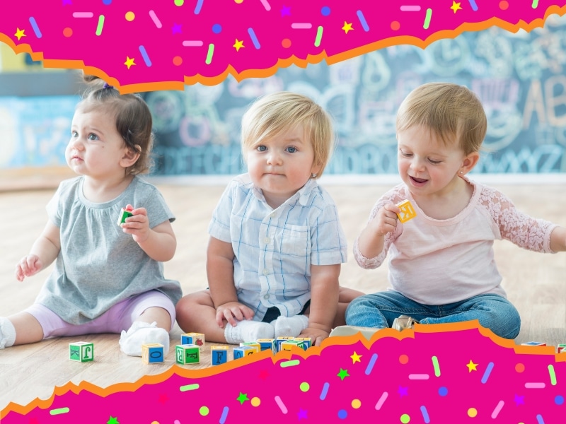 Infants participating in daycare activities for infants, using educational toys for early social interaction and developmental growth.