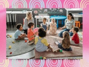 Happy children learning and playing in a colourful classroom, ideal for educational programs for kids.