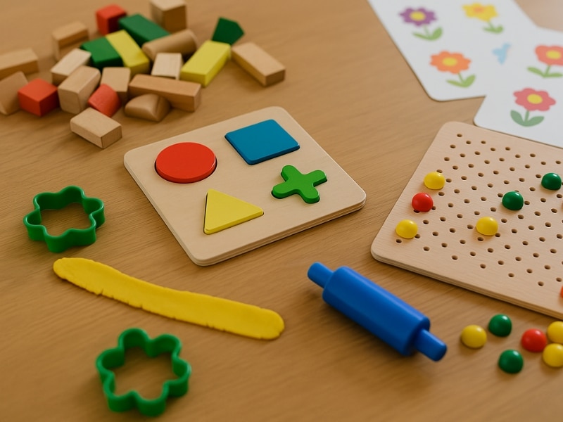 Toddler care indoor activity setup with shapes, playdough, and educational toys on a wooden table.